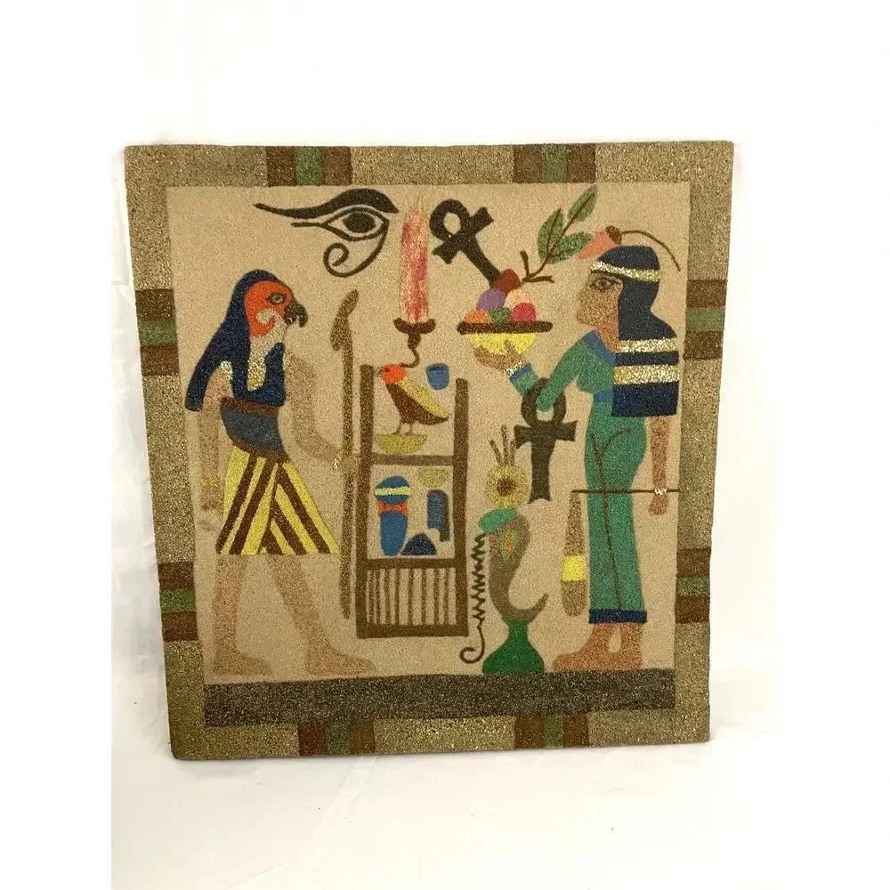 VTG Unique Egyptian Pictorial Sand Art Painting‎ 17"x18.5"